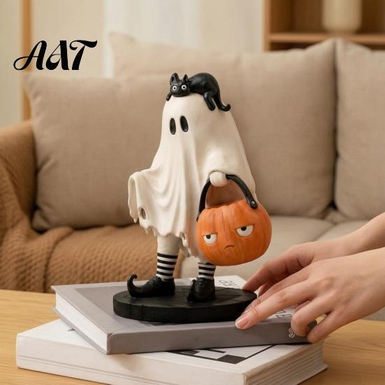 Halloween Resin Ornament Cute Ghost Statue, Black Cat Holding Pumpkin Bucket Ornament, Retro Style Ornaments Figurine for Home Holiday Party