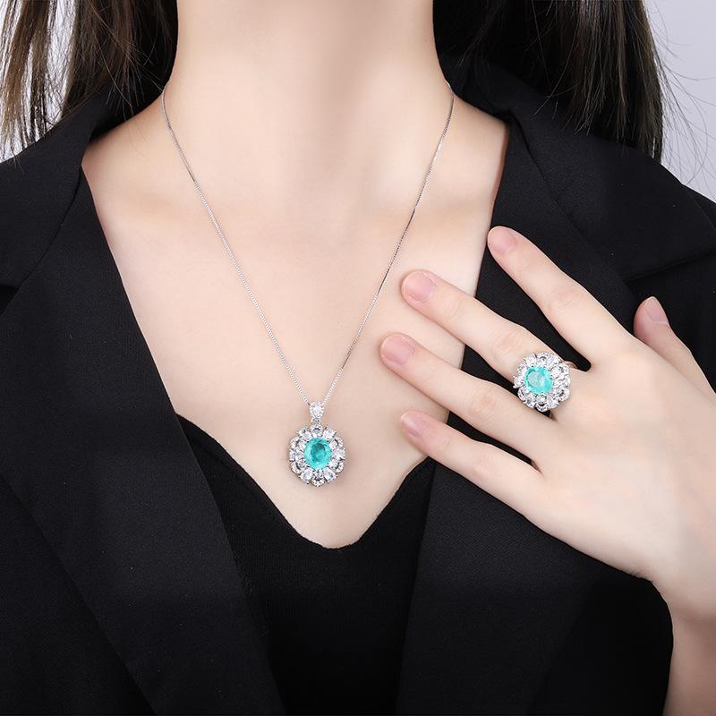 Emerald Banquet Pendant Simulation Paraiba Ring Ladies' Jewelry Set