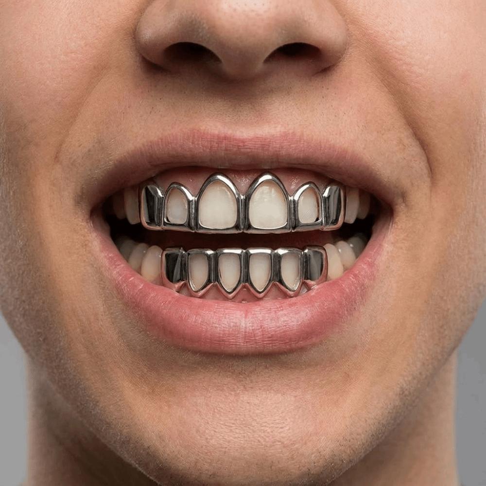2Pcs/Set Hip Hop Dental Grills Glossy Simple Charm Teeth Grillz Trendy Classic Hollowed-Out Teeth Caps Tooth Socket