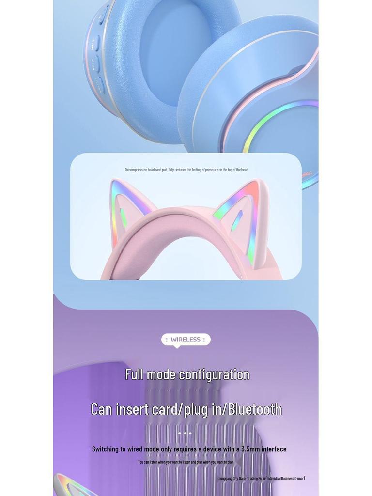 Беспроводная Bluetooth игровая гарнитура с кошачьими ушками и шумоподавлением для ноутбуков и мобильных устройств