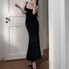 Stylish Broken Flowers Dresses Women's Clothing Elegant Square Collar Spring Autumn Sexy Slim Mermaid Folds Slip Long Dress