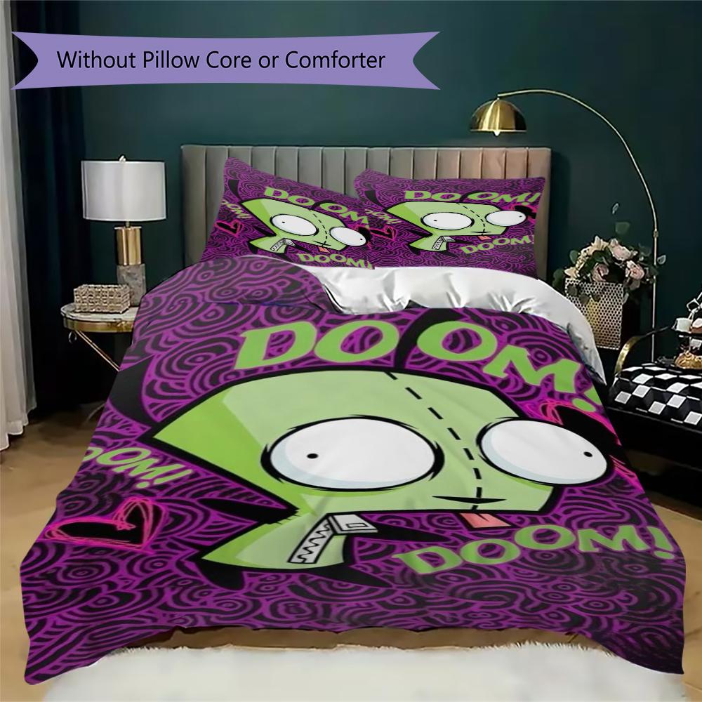 Invader Zim Pattern Bedding,Quilt Set Quilt Cover Pillowcase Home Birthday Gift(1 * duvet cover + 2 * pillowcase, without core)_lx