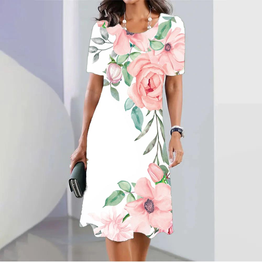 Летние платья с короткими рукавами, стильное женское платье, свободная юбка трапециевидной формы, женская одежда с цветным принтом, повседневный пуловер с круглым воротником