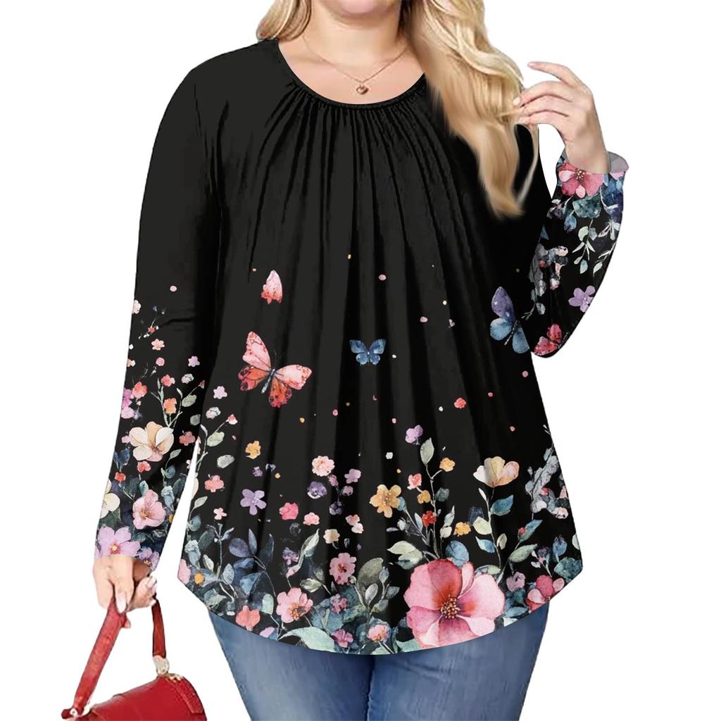Женский модный топ большого размера с принтом, повседневный плиссированный, с круглым вырезом и длинными рукавами