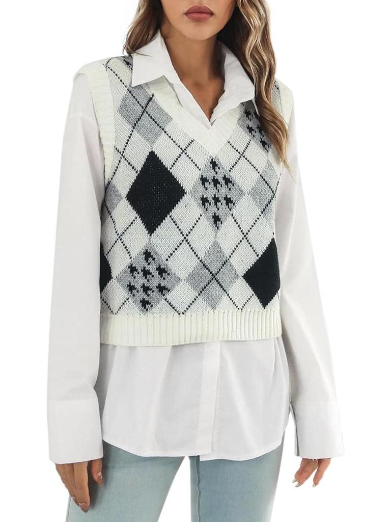 Женский пуловер-жилет с V-образным вырезом и аргайловым узором для осени/зимы