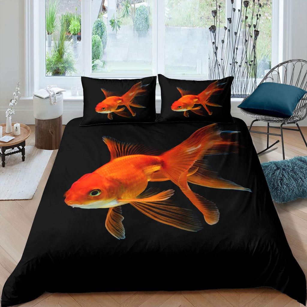 Goldfish Duvet Cover King/Queen Size Golden Red 3D Animal Bedding Set For Kid Teen Adult,Fish Themed Quilt Cover With Pillowcase