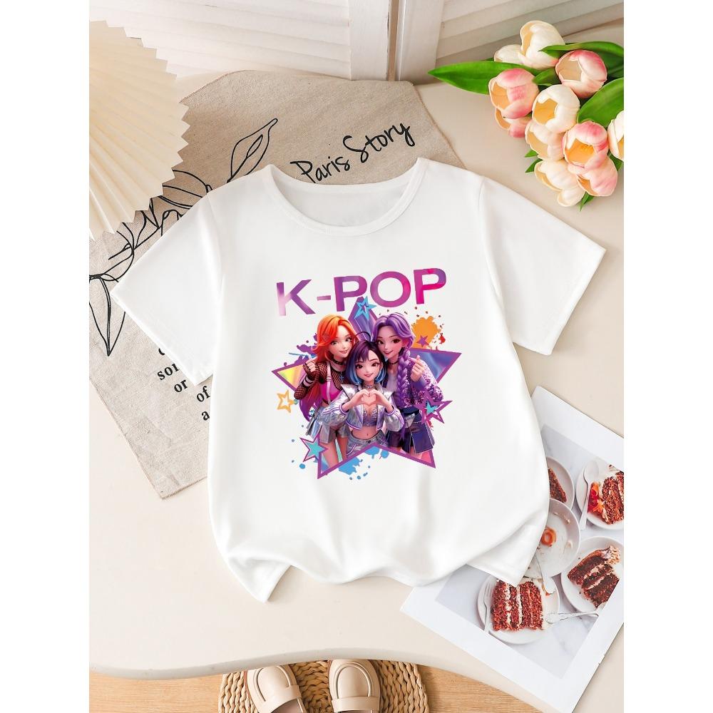 Девочки K-POP Идол Группа Принт Футболка с коротким рукавом Милый Мультяшный Графический Принт Детская Летняя Повседневная Футболка