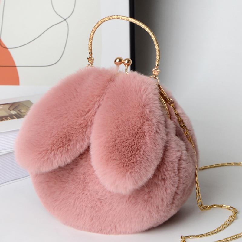 Plush Rabbit Bag Women Cute Handheld Plush Bag Autumn Winter Girls Chain Crossbody Bags Rabbit Ear Clip Bag