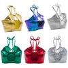 Women's Metallic Openwork Backless Halter Neck Camisole Tie Strap Crop Top Bra