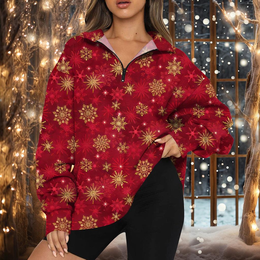 Women's Fashion Casual Long Sleeve Printed Zipper Turtleneck Drop Shoulder Sweatshirt Top