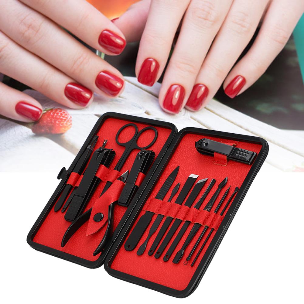 15pcs Stainless Steel Manicure Tool Set Nail Clippers File Dead Skin Remover Kit Black