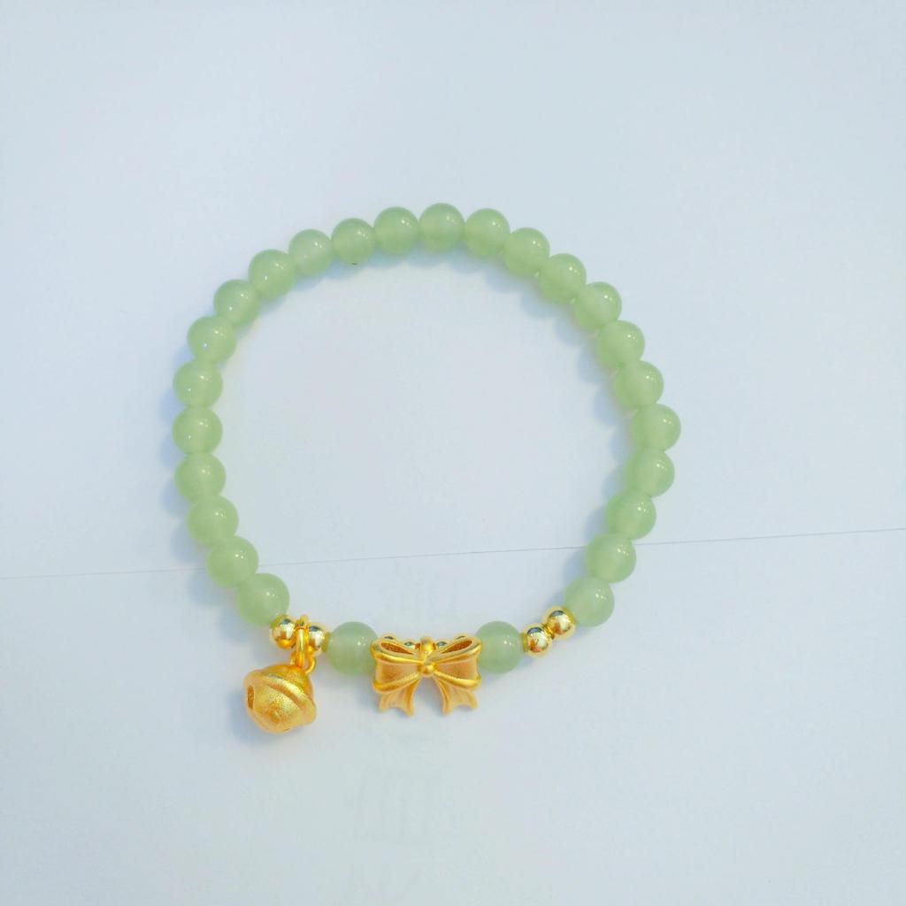 Vietnamese Sand Gold Bow Bracelet with Imitation Hetian Jade & Brass Gold-Plated Bells
