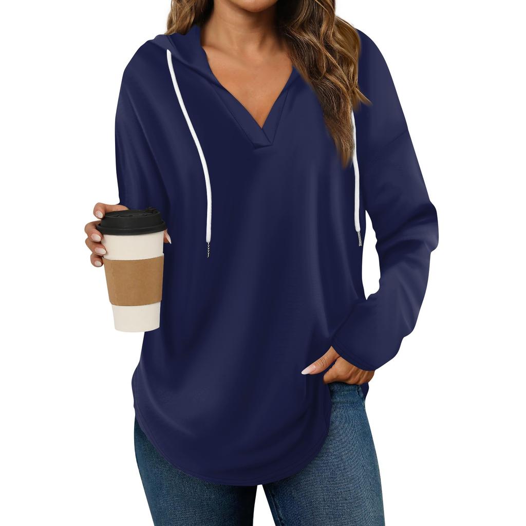 Women's Fashion Hoodies V Neck Long Sleeve Solid Drawstring Casual Loose Pullover Tops