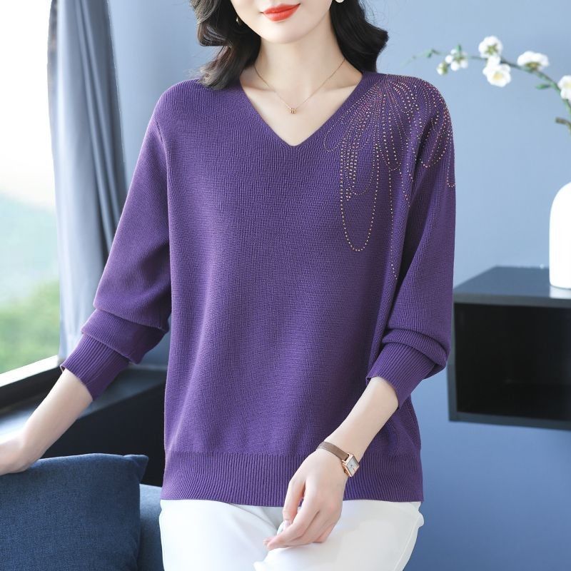 Spring Autumn Women's V-Neck Knitted Sweater Loose Solid Pullover Knitwear Thin Rhinestone Knit Top