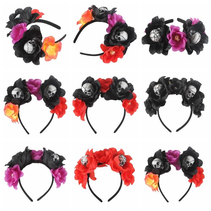 Simulated Flower Button Halloween Headband Holiday Party Foam Skull Horror Headdress