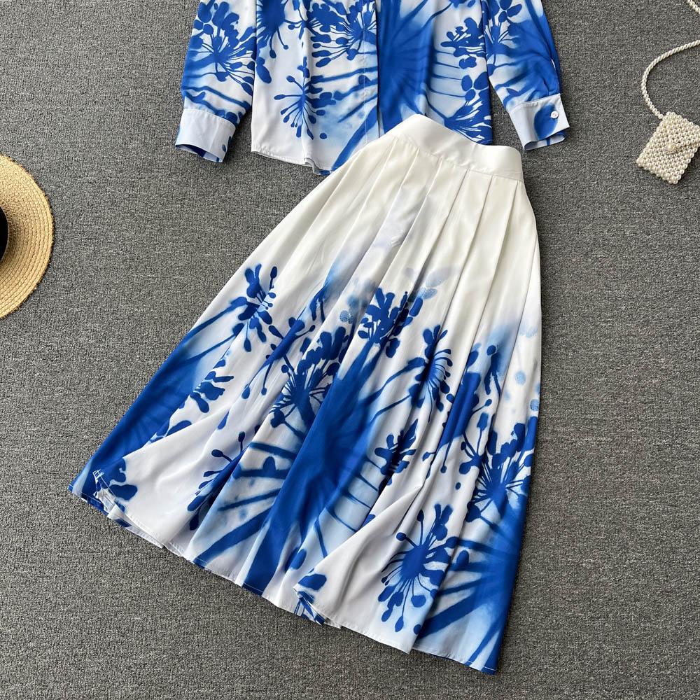 Элегантный темперамент Поло-воротник Синяя рубашка с принтом с длинным рукавом Женская Высококачественная плиссированная юбка Модный костюм-двойка