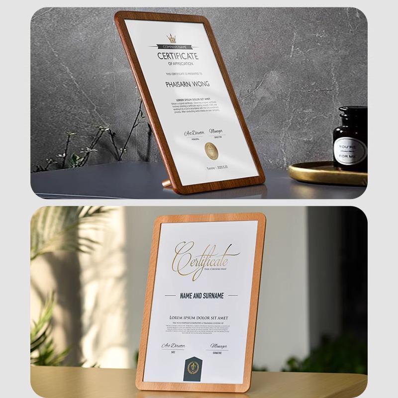 A4 Solid Wood Certificate & Photo Frame with Transparent Display for Awards, Medals, and Authorization.