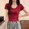 Women's Slim Fit Elastic Cotton Round Neck T-Shirt - Solid Color, Short-Sleeved, Meat-Covering, Perfect for Summer