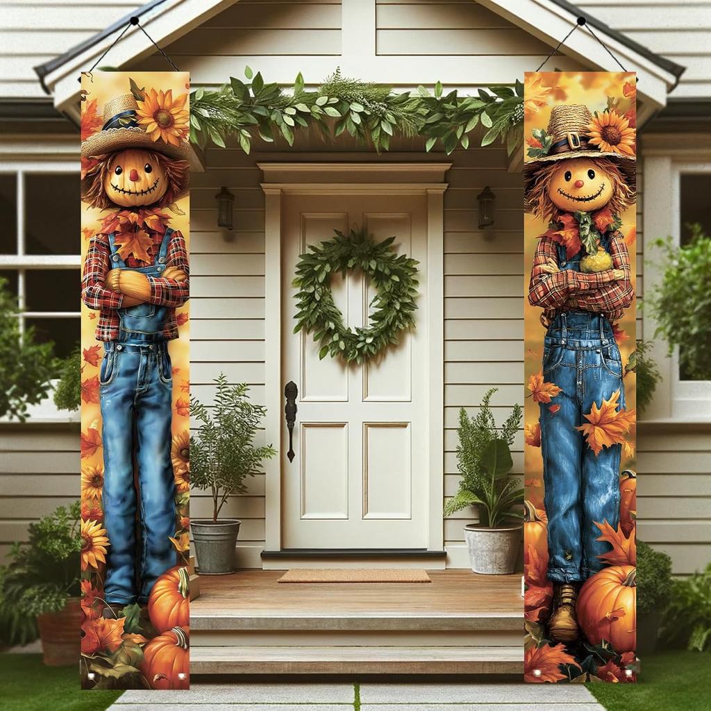 2PCS Fall Porch Sign Scarecrow Porch Banner Autumn Harvest Door Decoration Thanksgiving Front Door Decor Rustic Farmhouse Vertical Outdoor Hanging