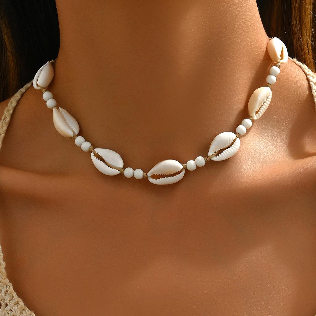 Vintage Fashion Beach Ocean Shell Rice Bead Necklace Versatile Adjustment Woven Beach Vacation Items