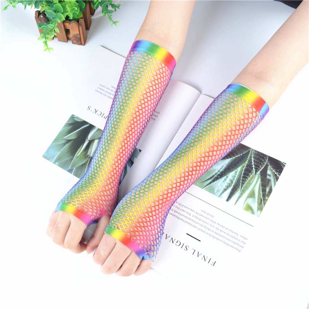 Party For Women Girl Long Half Finger Nylon Rainbow Color Gloves Fishing Net Gloves Arm Sleeves