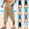 Mens Cotton Linen Shorts 3/4 Loose Fit Bermuda Pants Short Summer Long Casual