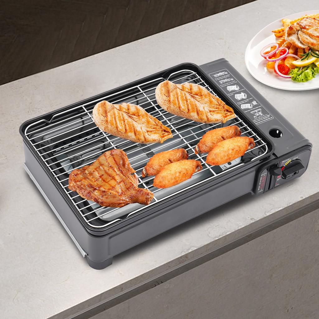 Портативный гриль-барбекю Портативная газовая плита на бутане, подходящая для использования в качестве гриля для кемпинга и приготовления пищи на открытом воздухе.