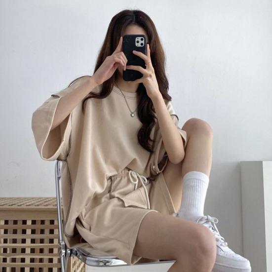 2 шт./компл. женский летний спортивный костюм с круглым вырезом и половиной рукавов, свободный топ с завязками, высокая эластичная талия, однотонный