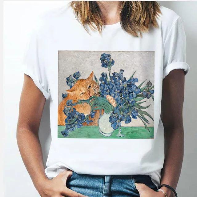 Oil Painting Cat Women's Fashion Personality Spoof Classic Oil Painting T-shirt Women Clothing Tops Harajuku Aesthetic Oversized