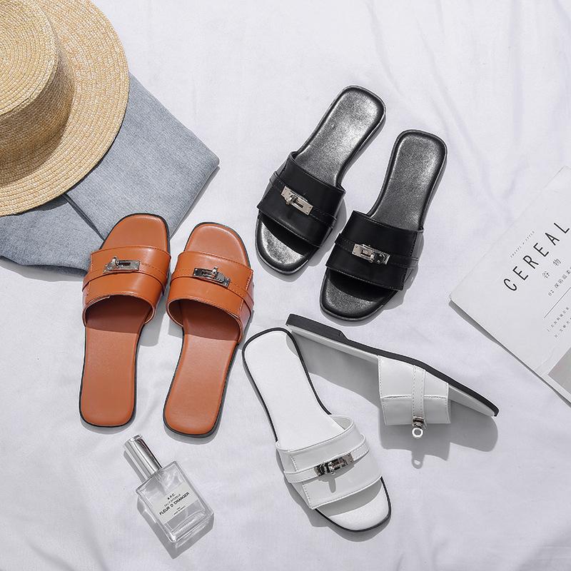 35-45 Large Size Korean Version of Small Silver Buckle One-word Drag 2024 Summer French Flat-bottomed Cool Slippers Half Slippers Outer Wear