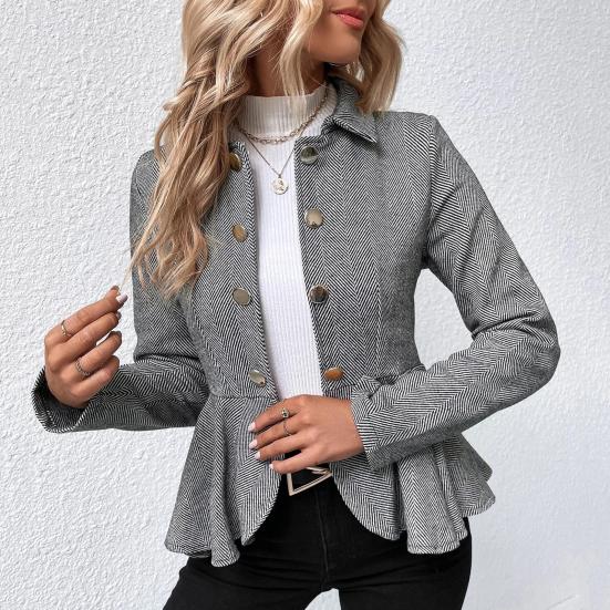 Женский повседневный пиджак с лацканами, длинный рукав, двубортный пиджак с оборками и полосатым принтом, деловая верхняя одежда