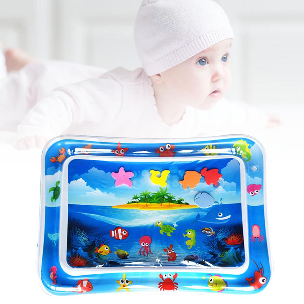 Baby Water Play Mat PVC Inflatable Fish Patterns Rectangle Shaped Water Pad for Children Blue