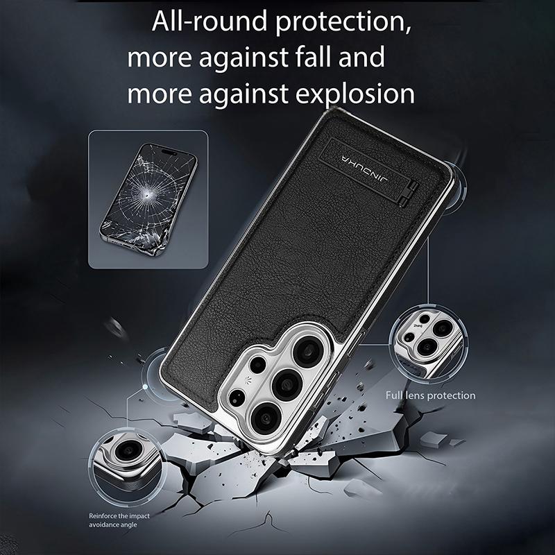 Premium Vintage Leather Case for Samsung Galaxy S26 Ultra S25+Plus S24 with Kickstand Holder Business Stylish Plating Frame