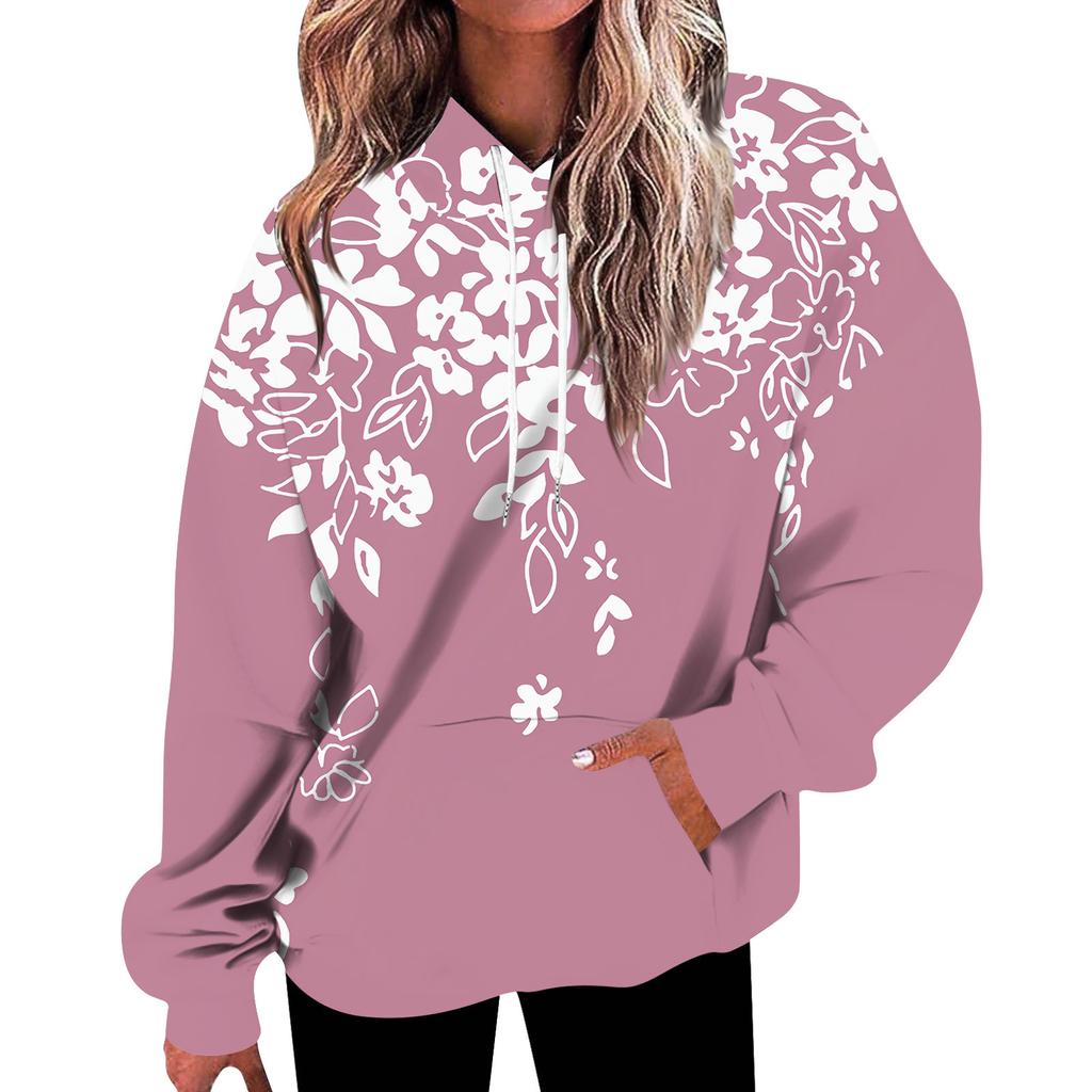 Женская мода, свободная повседневная толстовка с длинным рукавом и цветочным принтом, толстовка с принтом листьев, топ