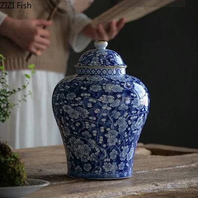 Сине-белая фарфоровая банка для хранения, банка для имбиря, чайница, позолоченная керамическая шкатулка для украшений, настольное украшение, косметическая емкость