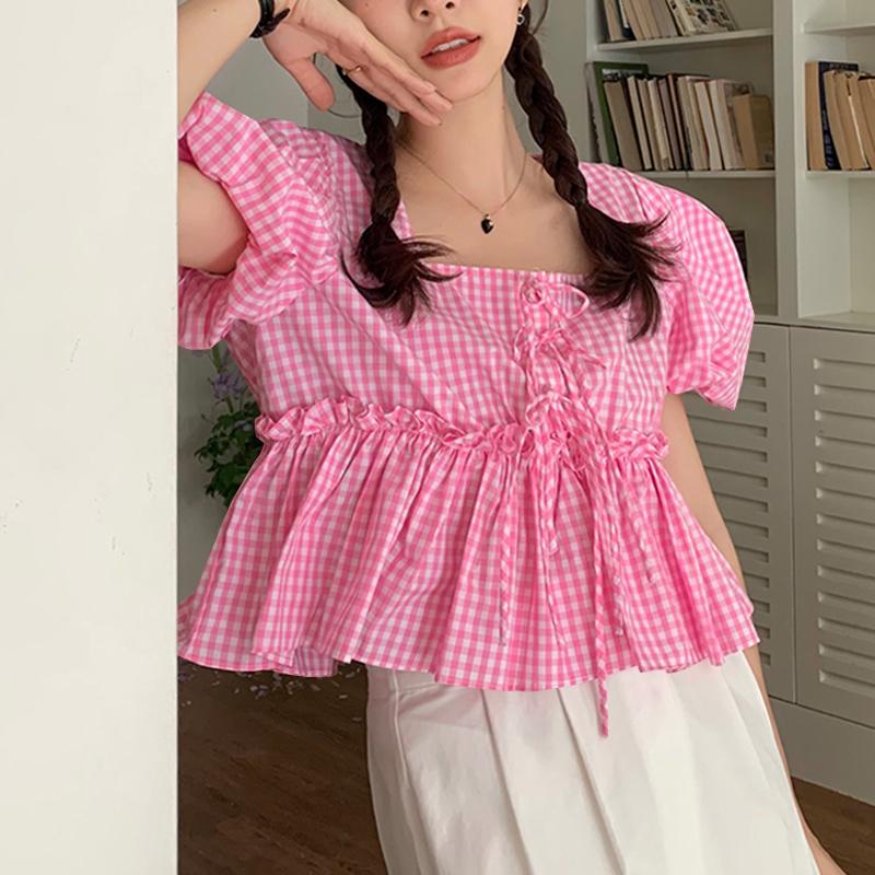 VONDA Женские летние блузки с квадратным вырезом и короткими рукавами в клетку