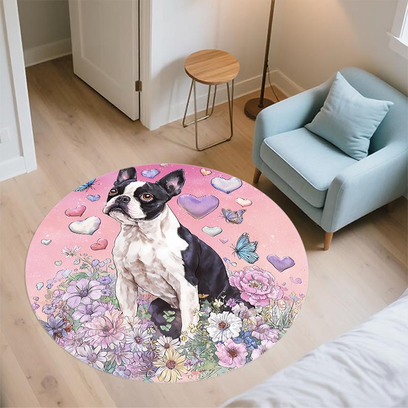 Cute Boston Terrier pattern round rug,Carpet Rug for Living Room Bedroom Playroom ,Non-slip Floor Mat,Holiday Gifts and Birthday Gifts.