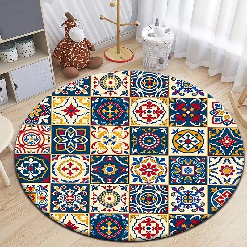 Moroccan Style Print Round Living Room Area Rug Camping Picnic Mat Non-Slip Yoga Door Floor Mat