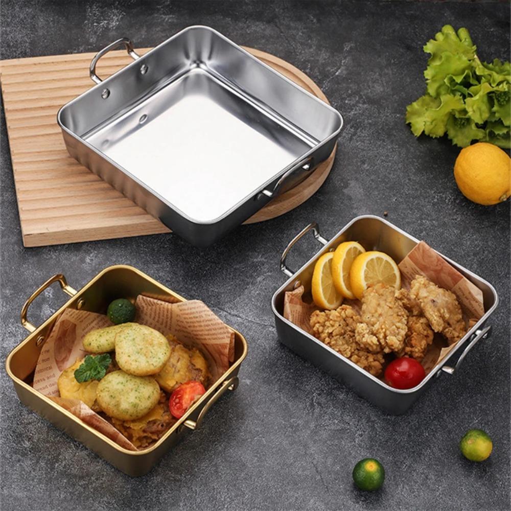 Stainless Steel Square Food Serving Trays Binaural Handle BBQ Plate Snack Dishes Vegetable