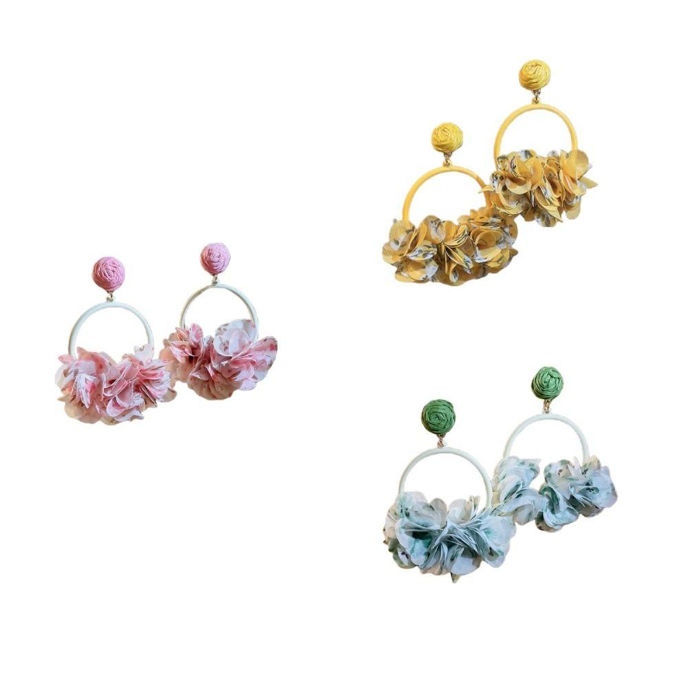 Colorful Fabric Flower Eardrop Sweet Exaggerated Earrings Fashion Mesh Flower Earrings Women
