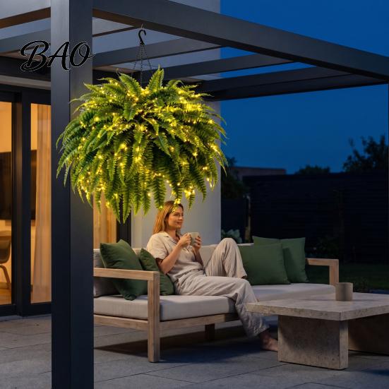 Realistic Potted Plant Fillers Pre-Lit Artificial Ferns with Warm LED Lights, UV Resistant Faux Hanging Plants for Lifelike Plastic Porch Outdoor