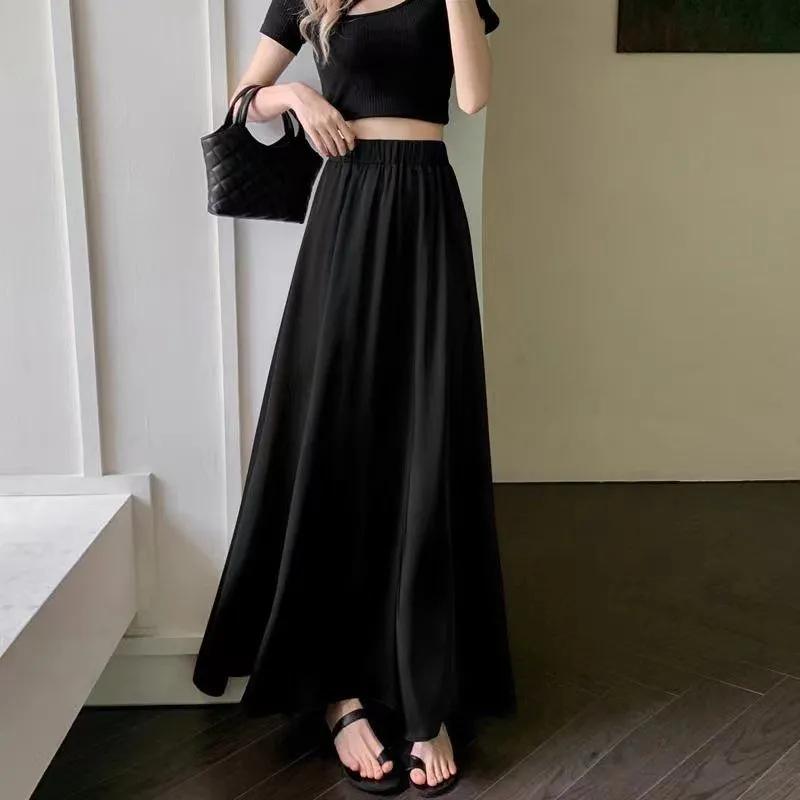 Длинная юбка из ледяного шелка, женские винтажные однотонные юбки трапециевидной формы с эластичной резинкой на талии, женские элегантные женские юбки миди для ужина и вечеринки