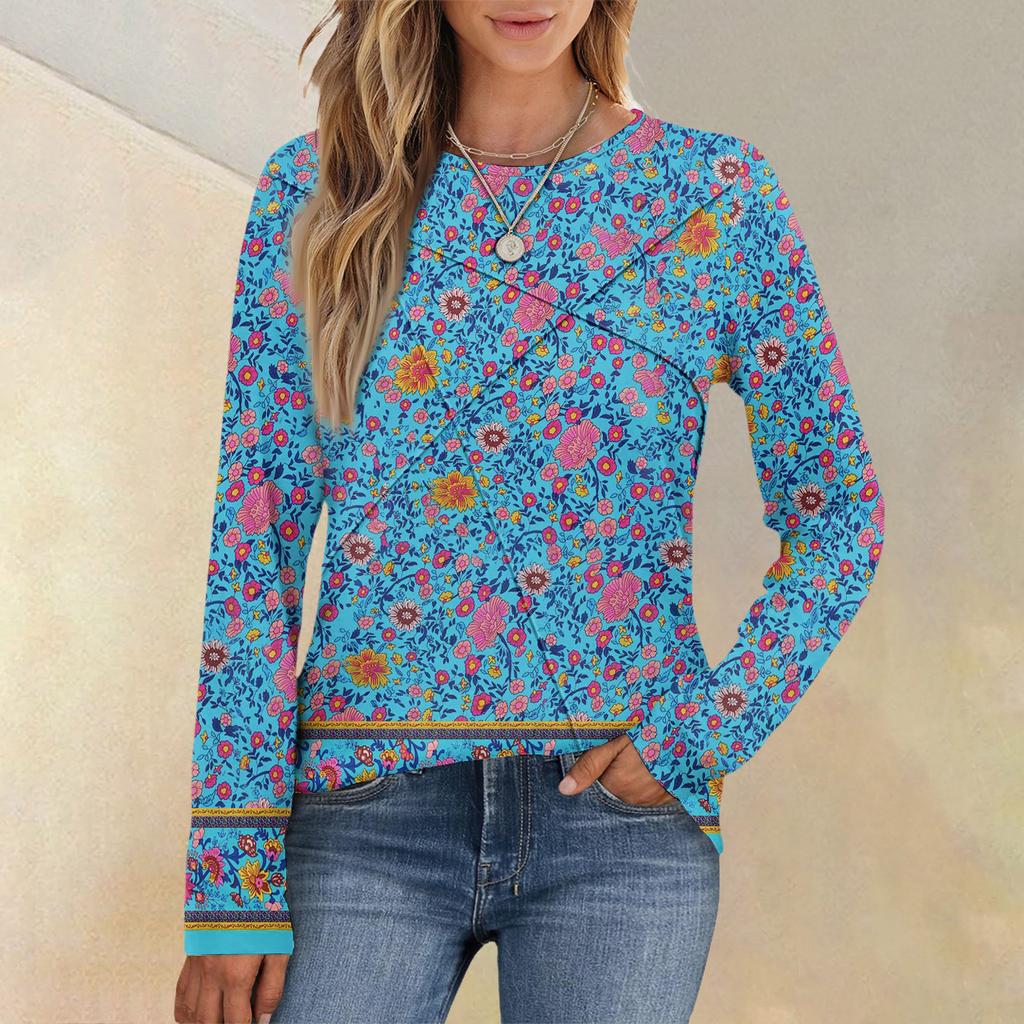 Fashion Women's Long Sleeve Round Neck CasualPleated Floral Print Loose Top