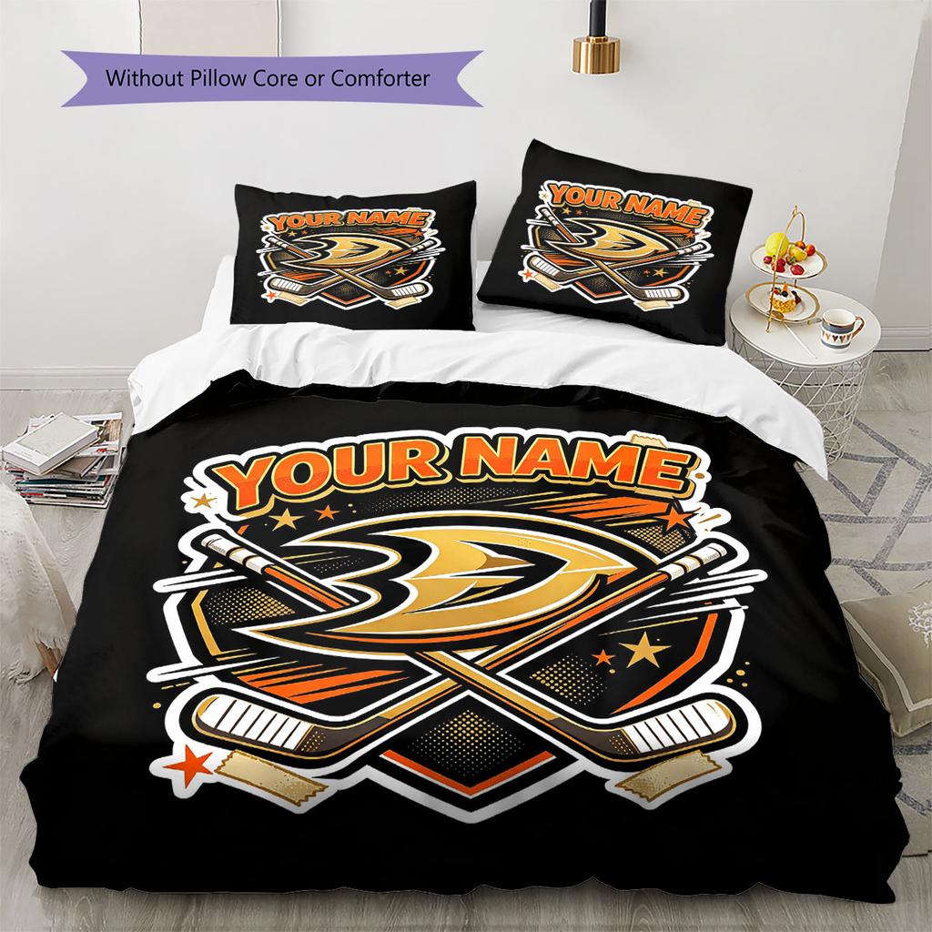Custom Name,Anaheim Ducks Pattern Bedding Home Decoration Birthday Gift ( 1 duvet cover + 2 pillowcase, without core),fan merchandise.