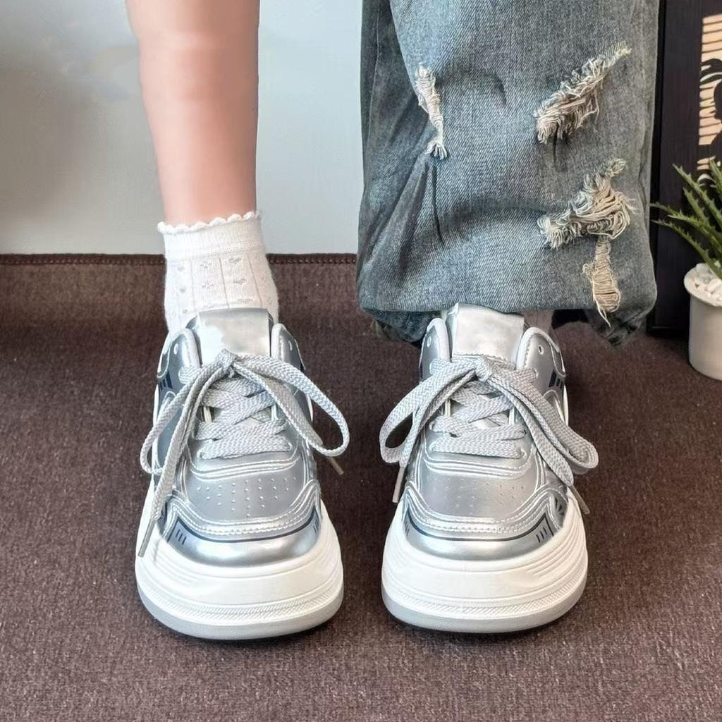 Супермягкие толстоподошвенные серебристые универсальные повседневные осенние кожаные дышащие модные износостойкие туфли на платформе-маффин женские