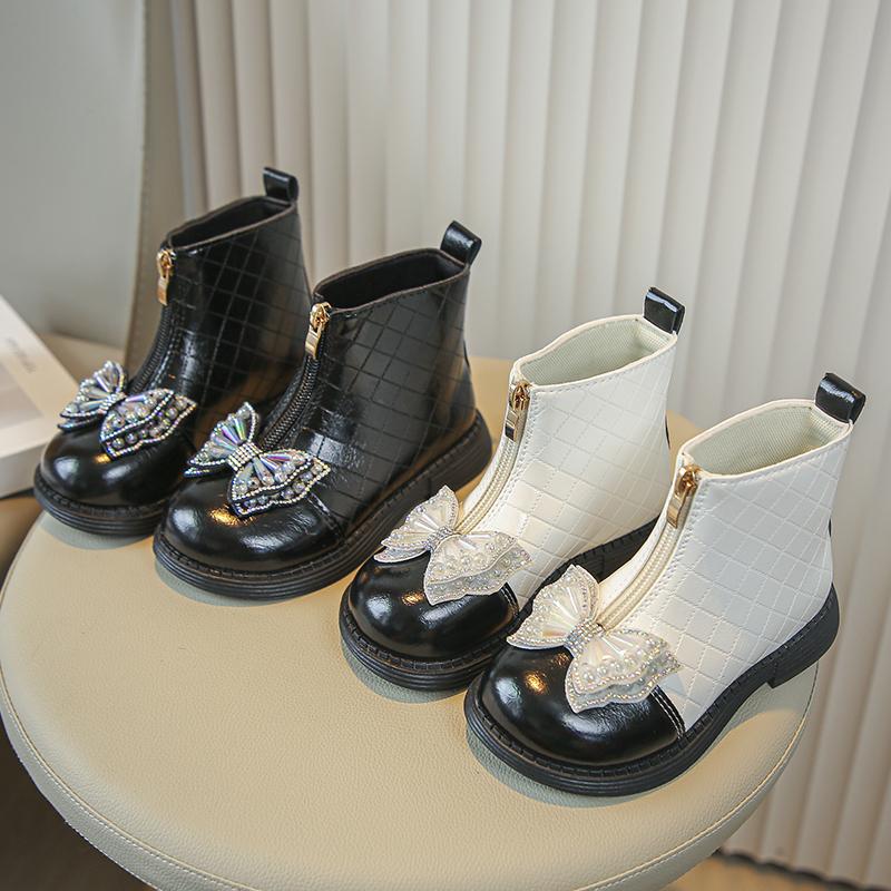 Ботильоны для девочек, детские сапоги на плоской подошве, со стразами, с молнией-бантом спереди, глянцевые модные детские сапоги-челси 2024 г.