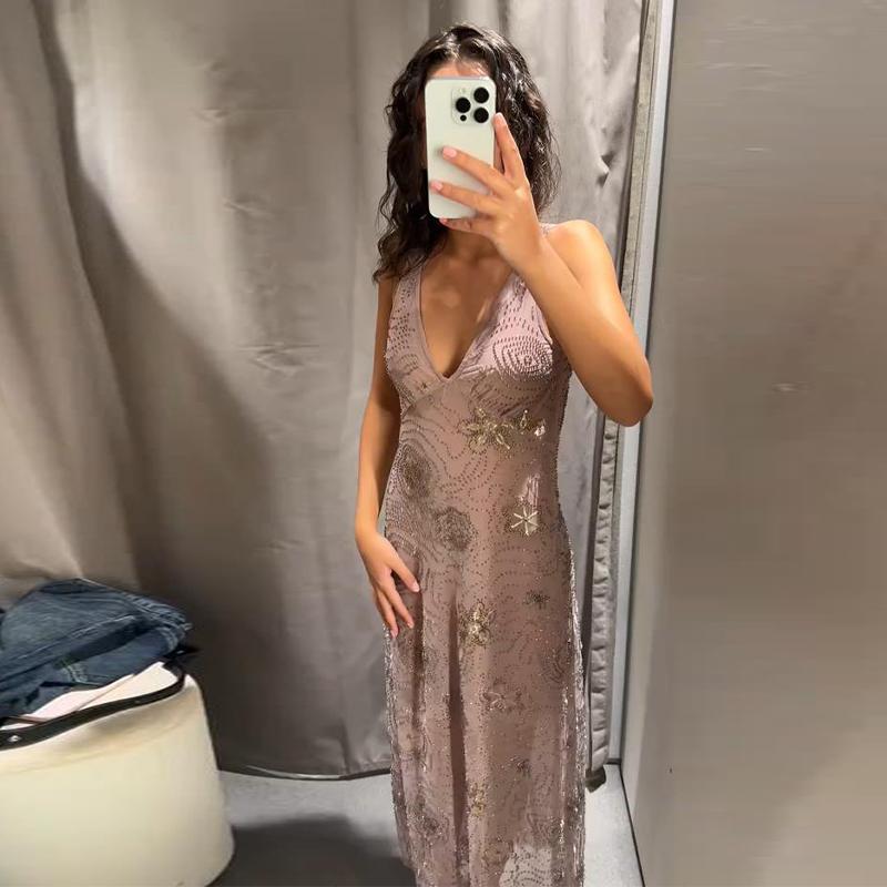 Сетчатое платье-слинг для женщин с V-образным вырезом, ромбами и оборками, длинные платья для женщин, без спинки, без рукавов, весна-лето, повседневное женское праздничное платье