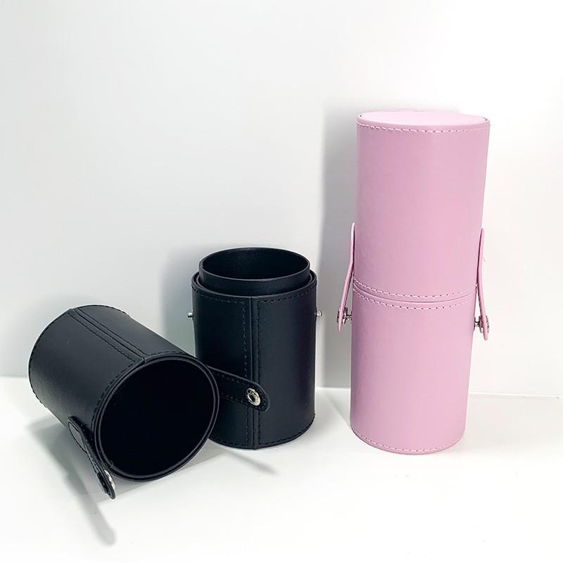 Round PU Leather Makeup Brush Holder Cylinder Organizer Desk Vanity Storage