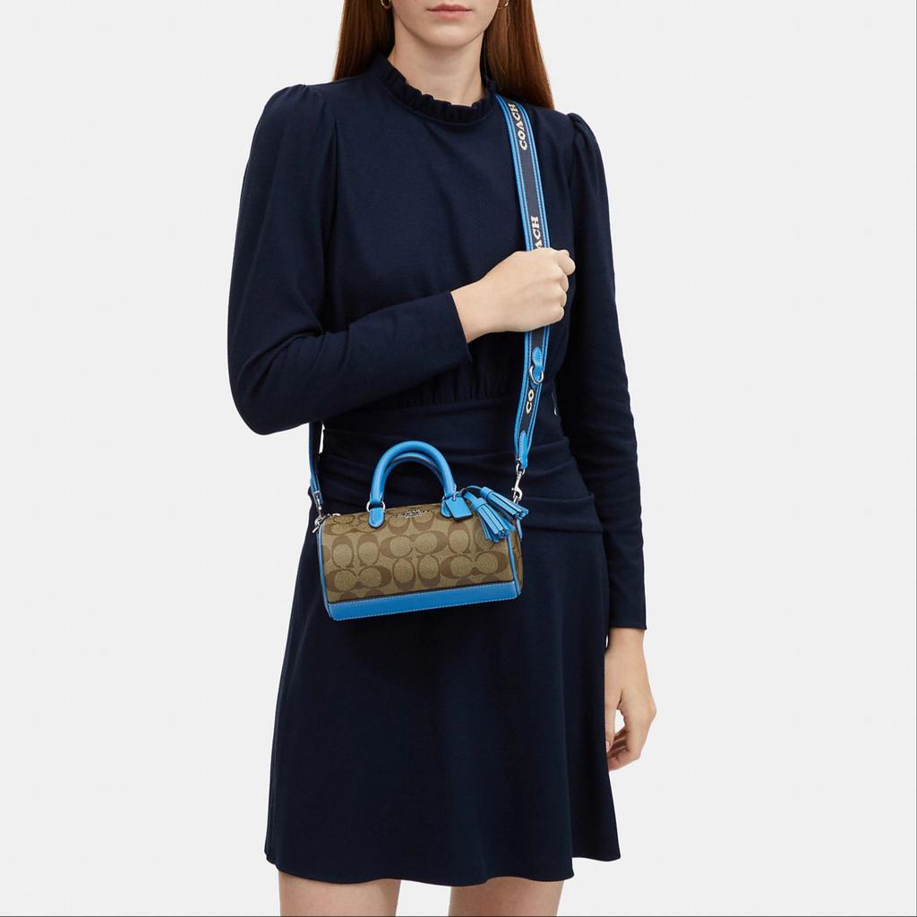 Coach Кружевная Пластина с Логотипом из 19 Букв Классический Принт Бахрома Холст и Кожа Сумка Бостон Женская Сумка на Плечо Темно-Коричневый Синий CB874-SVVRF