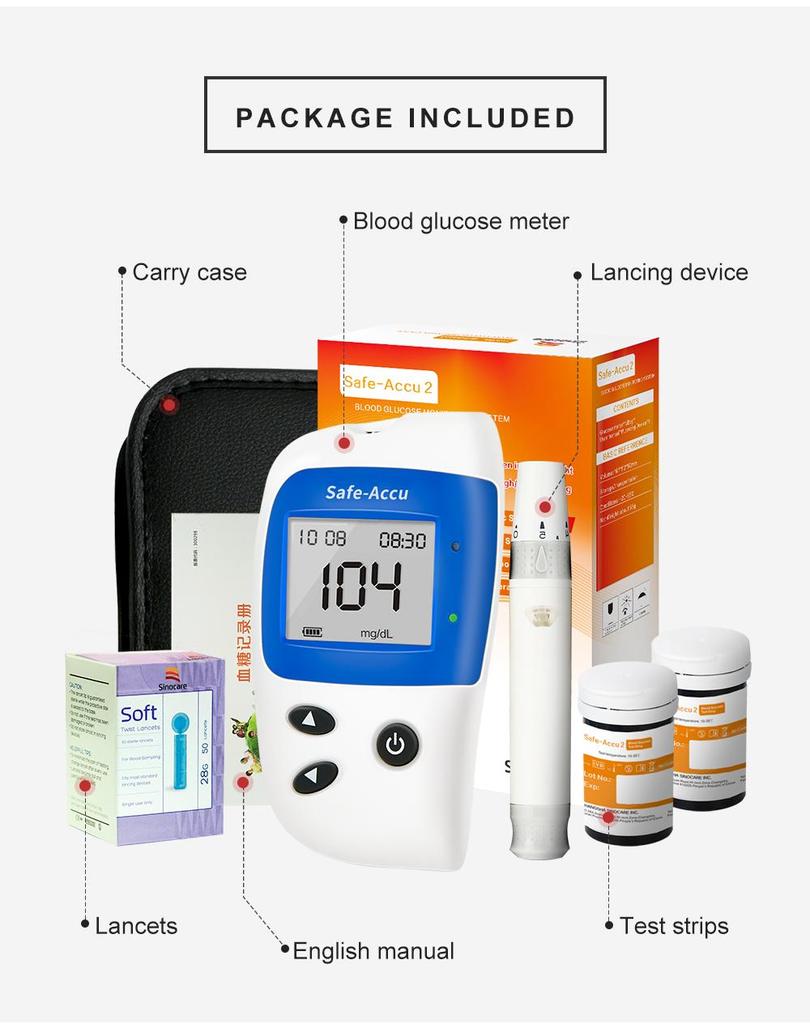 Sinocare Glucometer Kit X 50/100 Test Strips/ Needles Blood Glucose Monitor Test Accurate for Diabetes